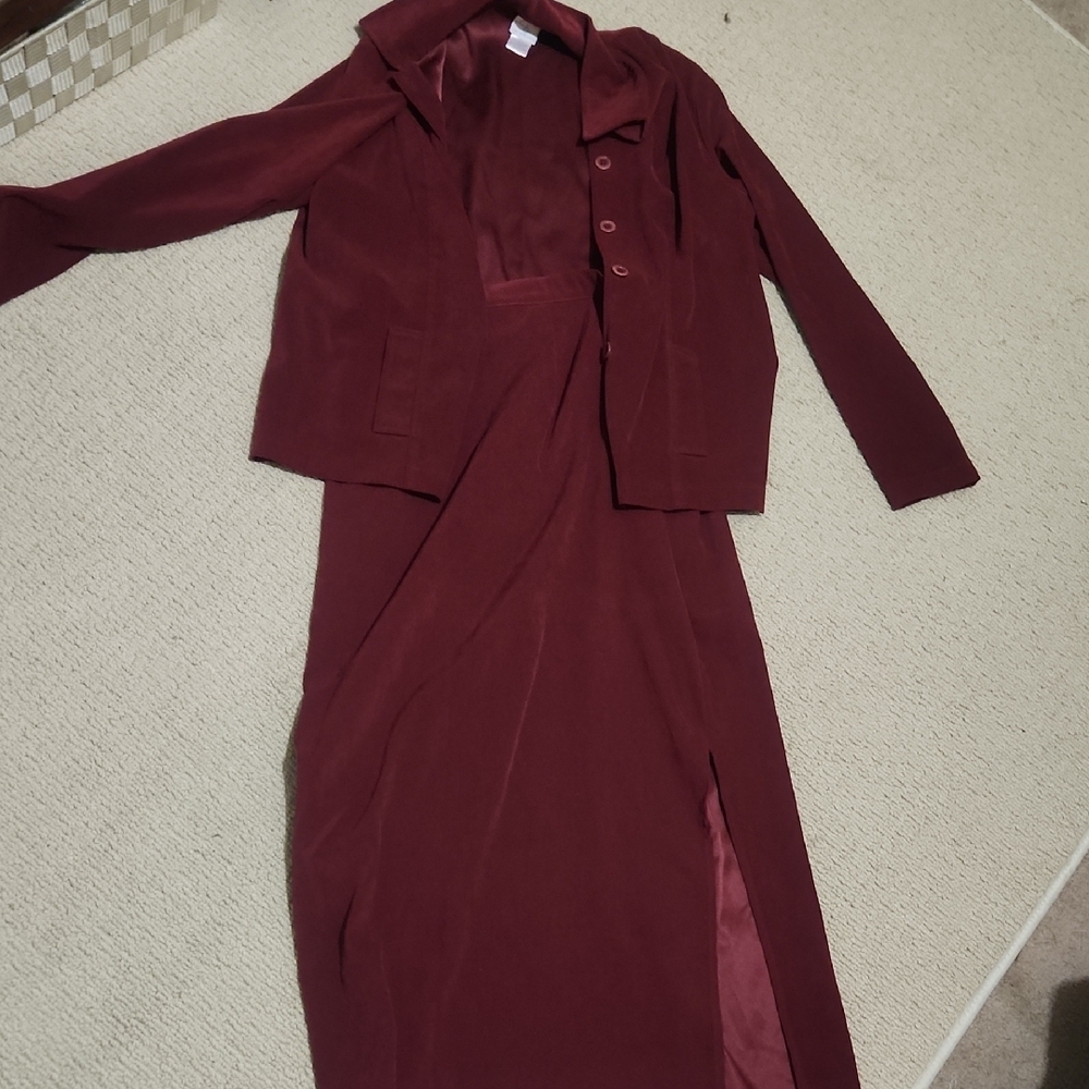 Elegant Burgundy Dress and Blazer Set
